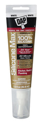 DAP SILICONE MAX 08795 Kitchen and Bath Sealant, Gloss White, 24 hr Curing, -35 to 140 deg F, 2.8 fl-oz Cartridge/Tube