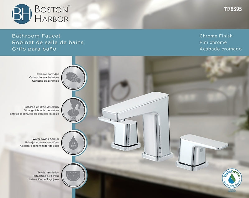 Boston Harbor FW6AC023CP Lavatory Faucet, 1.2 gpm, 2-Handle, 3-Faucet Hole, Brass/Zinc/Plastic, Chrome Plated