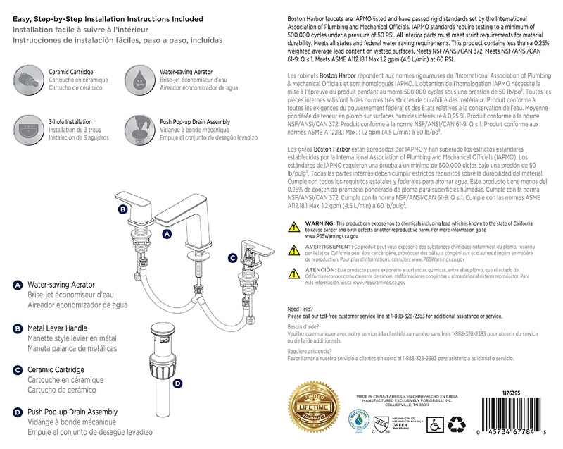 Boston Harbor FW6AC023CP Lavatory Faucet, 1.2 gpm, 2-Handle, 3-Faucet Hole, Brass/Zinc/Plastic, Chrome Plated