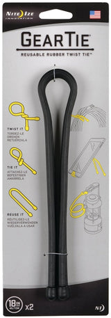 Gear Tie GT18-2PK-01 Twist Tie, Rubber, Black, 18 in L