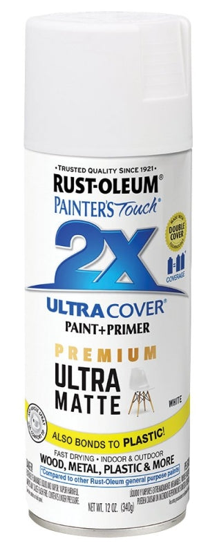 Painter's Touch 2X Ultra Cover 331181 Spray Paint, Matte, White, 12 oz Can