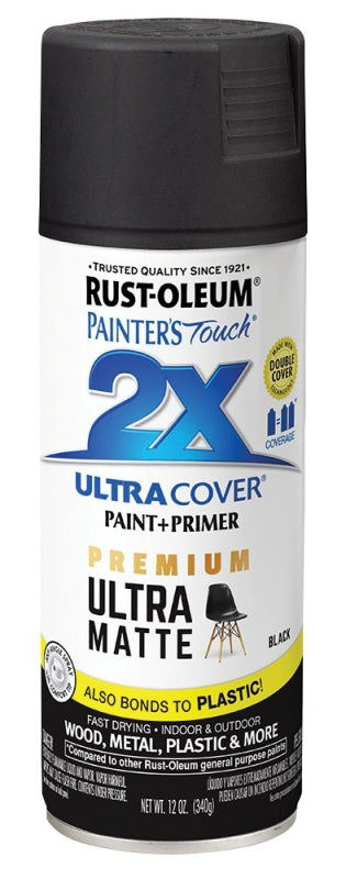 Painter's Touch 2X Ultra Cover 331182 Spray Paint, Matte, Black, 12 oz Can