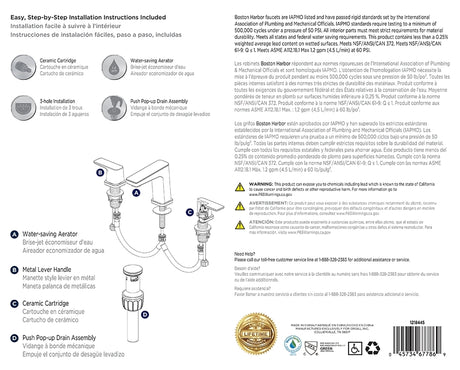 Boston Harbor FW6AC023BL Lavatory Faucet, 1.2 gpm, 2-Handle, 3-Faucet Hole, Brass/Zinc/Plastic, Matte Black