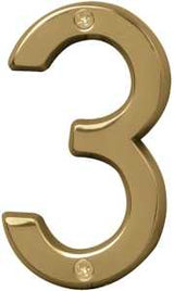 Hy-Ko Prestige Series BR-42PB/3 House Number, 2.938 in W x 6.875 in H Dimensions, Character: 3, 4 in H Character, Brass, Pack of 3