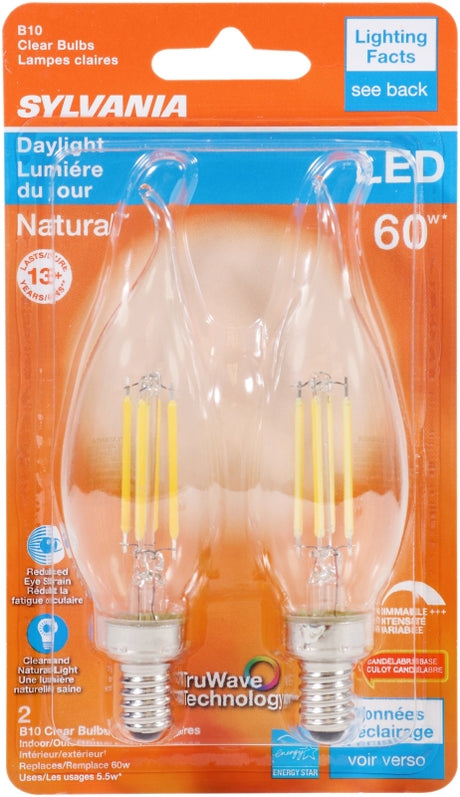 Sylvania 40759 Natural LED Bulb, 120 V, 500 Lumens, 5.5 W, B10 Bent Tip Lamp, 60 W Equivalent, E12 Lamp Base, Clear