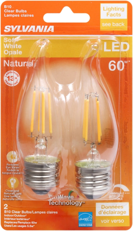 Sylvania 40758 Natural LED Bulb, 120 V, 500 Lumens, 5.5 W, B10 Bent Tip Lamp, 60 W Equivalent, E26 Lamp Base, Clear