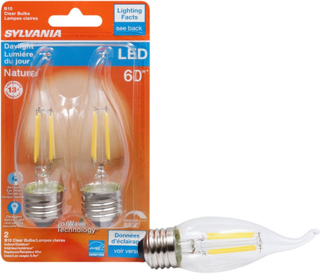 Sylvania 40760 Natural LED Bulb, Decorative, 500 Lumens, 5.5 W, B10 Bent Tip Lamp, 60 W Equivalent, E26 Lamp Base, Clear