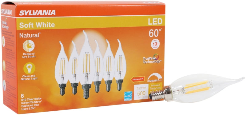 Sylvania TruWave Series 40773 LED Bulb B10 Lamp, B10 Lamp, 60 W Equivalent, E12 Candelabra Lamp Base, Dimmable, Clear