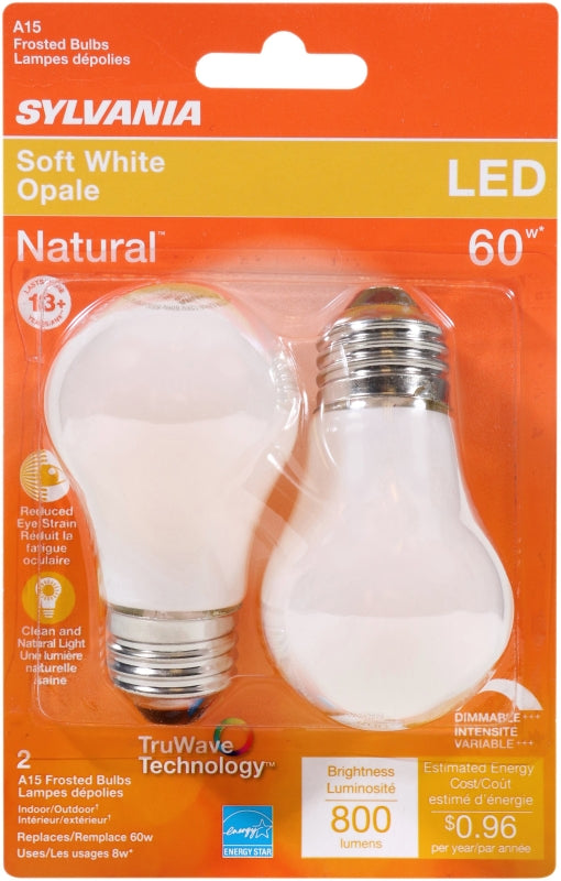Sylvania 40763 Natural LED Bulb, General Purpose, 800 Lumens, 8 W, A15 Lamp, 60 W Equivalent, E26 Lamp Base, Dimmable