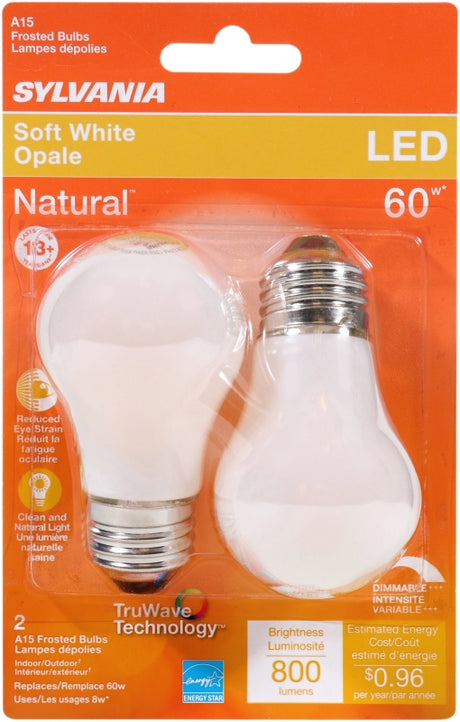 Sylvania 40763 Natural LED Bulb, General Purpose, 800 Lumens, 8 W, A15 Lamp, 60 W Equivalent, E26 Lamp Base, Dimmable