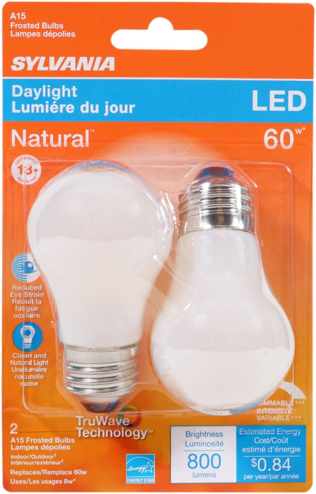 Sylvania 40776 Natural LED Bulb, General Purpose, A15 Lamp, 60 W Equivalent, E26 Lamp Base, Dimmable, Frosted