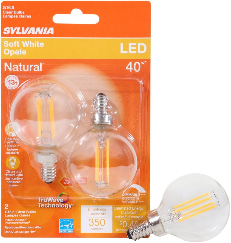 Sylvania 40784 Natural LED Bulb, Decorative, G16.5 Lamp, 40 W Equivalent, E12 Lamp Base, Dimmable, Clear