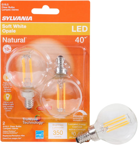 Sylvania 40784 Natural LED Bulb, Decorative, G16.5 Lamp, 40 W Equivalent, E12 Lamp Base, Dimmable, Clear