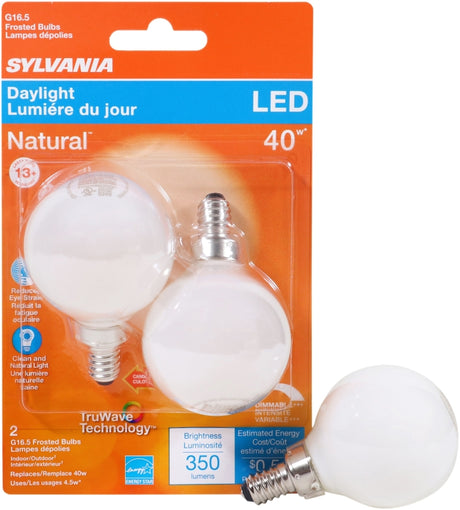 Sylvania 40798 Natural LED Bulb, Decorative, 350 Lumens, 4.5 W, G16.5 Lamp, 40 W Equivalent, E12 Lamp Base, Dimmable