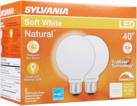 Sylvania 40765 Natural LED Bulb, Globe, G25 Lamp, 40 W Equivalent, E26 Lamp Base, Dimmable, Frosted, Soft White Light
