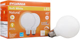Sylvania 40765 Natural LED Bulb, Globe, G25 Lamp, 40 W Equivalent, E26 Lamp Base, Dimmable, Frosted, Soft White Light