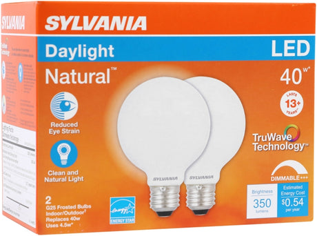 Sylvania 40766 LED Bulb, Globe, 350 Lumens, 4.5 W, G25 Lamp, 40 W Equivalent, E26 Lamp Base, Dimmable, Frosted, Daylight