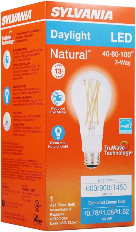 Sylvania 40770 Natural LED Bulb, 3-Way, A21 Lamp, 100 W Equivalent, E26 Lamp Base, Dimmable, Clear, Daylight Light