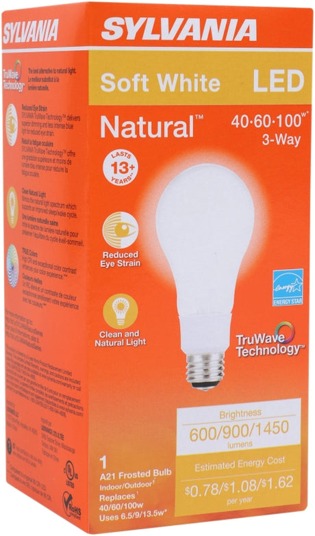 Sylvania 40777 Natural LED Bulb, 3-Way, A21 Lamp, 40/60/100 W Equivalent, E26 Lamp Base, Dimmable, Frosted