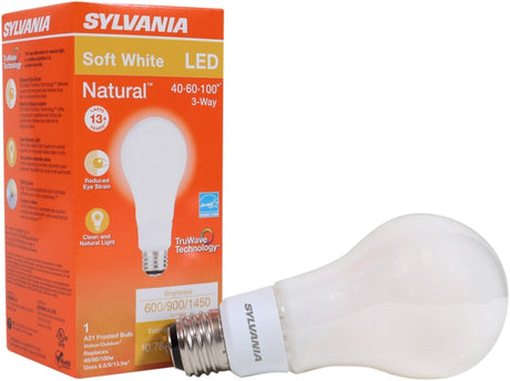 Sylvania 40777 Natural LED Bulb, 3-Way, A21 Lamp, 40/60/100 W Equivalent, E26 Lamp Base, Dimmable, Frosted
