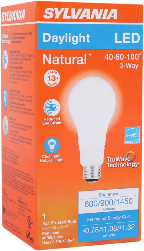 Sylvania 40778 Natural LED Bulb, 3-Way, A21 Lamp, 100 W Equivalent, E26 Lamp Base, Dimmable, Frosted, Daylight Light