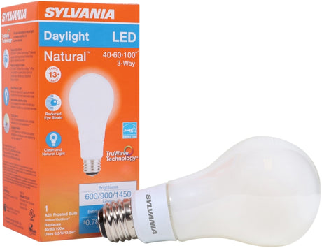 Sylvania 40778 Natural LED Bulb, 3-Way, A21 Lamp, 100 W Equivalent, E26 Lamp Base, Dimmable, Frosted, Daylight Light