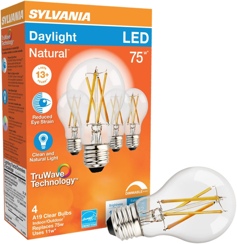 Sylvania 40803 Natural LED Bulb, 120 V, 1100 Lumens, 11 W, A19 Lamp, 75 W Equivalent, E26 Lamp Base, Dimmable