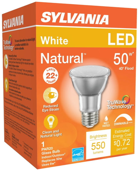 Sylvania 40920 Natural LED Bulb, Spotlight, PAR20 Lamp, E26 Lamp Base, Dimmable, Cool White Light, 3000 K Color Temp