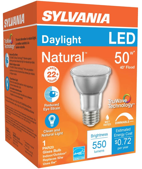 Sylvania 40921 Natural LED Bulb, Spotlight, PAR20 Lamp, E26 Lamp Base, Dimmable, Daylight Light, 5000 K Color Temp