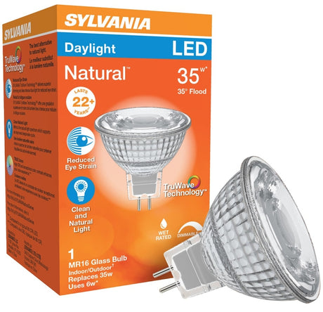 Sylvania 40928 Natural LED Bulb, Track/Recessed, 450 Lumens, 6 W, MR16 Lamp, G5.3 Lamp Base, Dimmable, Cool White