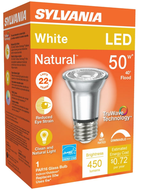 Sylvania 40930 Natural LED Bulb, Spotlight, PAR16 Lamp, E26 Lamp Base, Dimmable, Cool White Light, 3000 K Color Temp