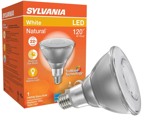 Sylvania 40905 Natural LED Bulb, Floodlight, PAR38 Lamp, E26 Lamp Base, Dimmable, Clear, Cool White Light