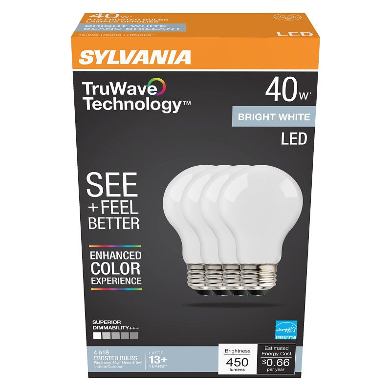 Sylvania 41296 LED Bulb, General-Purpose, Omni-Directional, A19 Lamp, 40 W Equivalent, E26 Medium Lamp Base, Dimmable