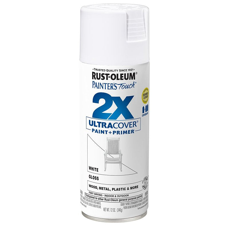Painter's Touch 2X Ultra Cover 334048 Spray Paint, Gloss, White, 12 oz Aerosol Can