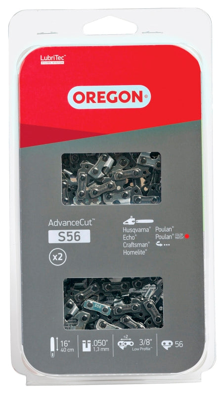 Oregon AdvanceCut Series S56T Chainsaw Chain, 91PX Chain, 16 in L Bar, 0.05 in Gauge, 3/8 in TPI/Pitch, 56-Link