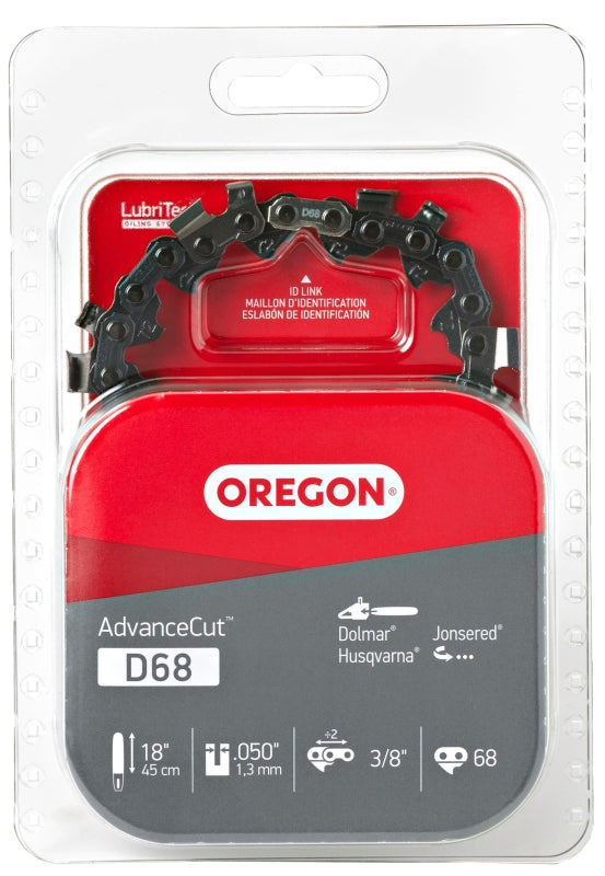 Oregon AdvanceCut Series D68 Chainsaw Chain, 72TXL Chain, 18 in L Bar, 0.05 in Gauge, 3/8 in TPI/Pitch, 68-Link