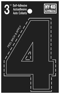 Hy-Ko 30400 Series 30404 Die-Cut Number, Character: 4, 3 in H Character, Black Character, Vinyl, Pack of 10