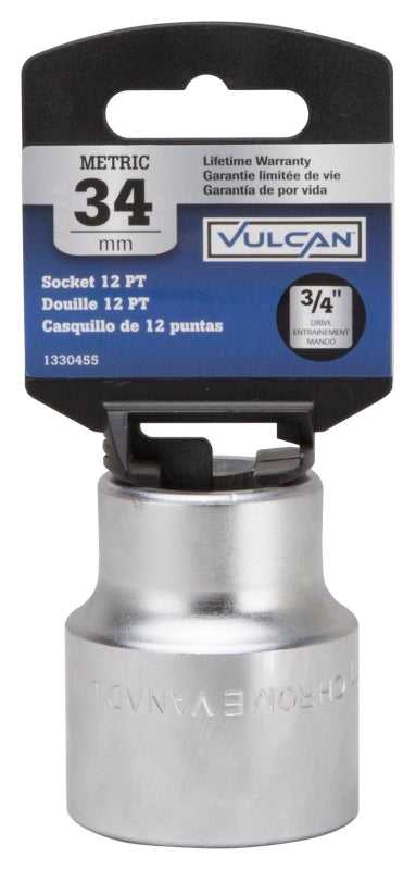 Vulcan MT-SM6034 Drive Socket, 34 mm Socket, 3/4 in Drive, 12-Point, Chrome Vanadium Steel, Chrome