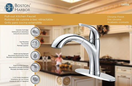 Boston Harbor TOBI21040009CP Pull-Out Kitchen Faucet, 1.8 gpm, 1-Handle, 1, 3-Faucet Hole, Metal/Plastic, Deck