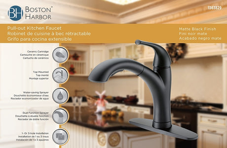 Boston Harbor TOBI21040011BL Pull Out Kitchen Faucet, 1.8 gpm, 1-Handle, 1, 3-Faucet Hole, Metal/Plastic, Deck