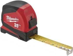 Milwaukee 48-22-6625 Tape Measure, 25 ft L Blade, 1.65 in W Blade, Steel Blade, ABS Case, Black/Red Case