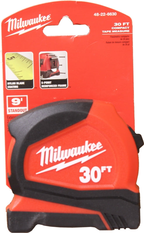 Milwaukee 48-22-6630 Tape Measure, 30 ft L Blade, 1.65 in W Blade, Steel Blade, ABS Case, Black/Red Case