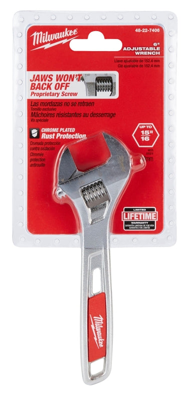 Milwaukee 48-22-7406 Adjustable Wrench, 6 in OAL, 15/16 in Jaw, Steel, Chrome, Ergonomic Handle