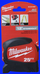 Milwaukee 48-22-0425 Tape Measure, 25 ft L Blade, 1-1/8 in W Blade, Steel Blade, ABS Case, Black/Red Case