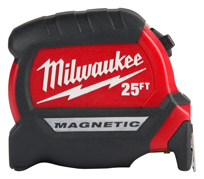 Milwaukee 48-22-0325 Tape Measure, 25 ft L Blade, 1 in W Blade, Steel Blade, ABS Case, Black/Red Case