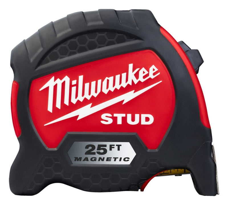 Milwaukee STUD Series 48-22-9725M Tape Measure, 25 ft L Blade, 1-5/16 in W Blade, Steel Blade, ABS Case, Black/Red Case