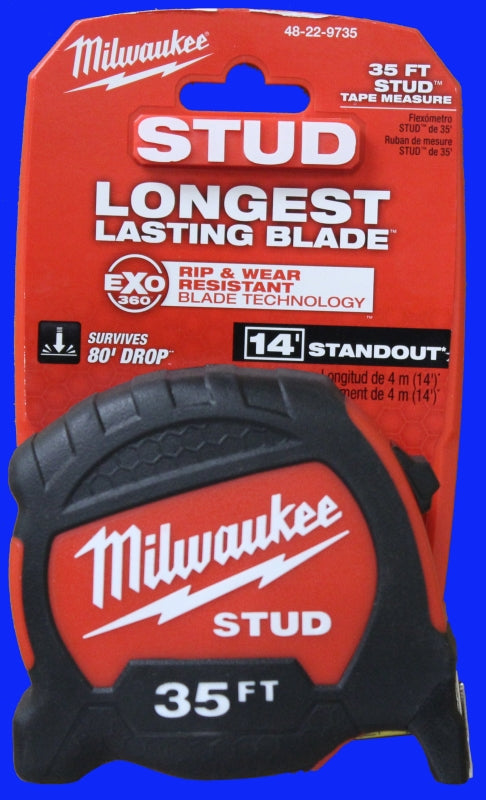 Milwaukee STUD Series 48-22-9735 Tape Measure, 35 ft L Blade, 1-5/16 in W Blade, Steel Blade, ABS Case, Black/Red Case