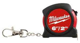 Milwaukee 48-22-5506 Keychain Tape Measure, 6 ft L Blade, 13 mm W Blade, Steel Blade, ABS Case, Black/Red Case