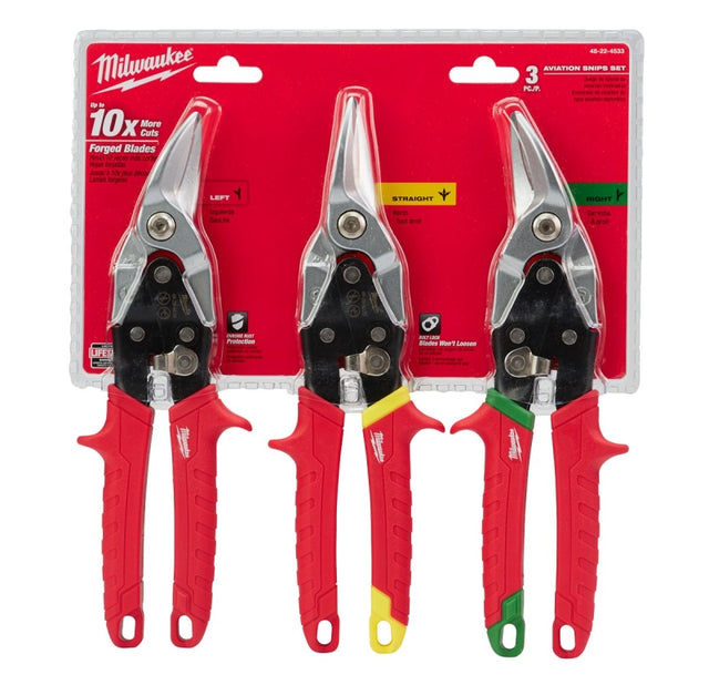 Milwaukee 48-22-4563 Aviation Snip Set, 3-Piece, Steel/TPR, Chrome-Plated, Green/Red/Yellow