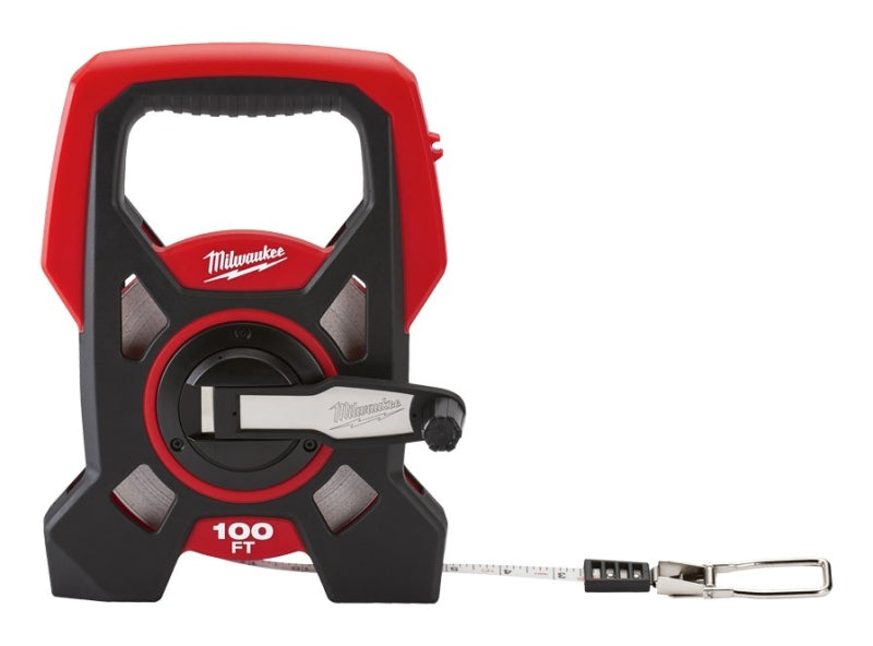 Milwaukee 48-22-5201 Long Tape, 100 ft L Blade, 1/2 in W Blade, Steel Blade, Black/Red